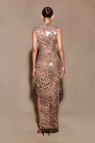 Vestido midi con lentejuelas Veronica – Estampado de leopardo