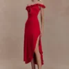 Vestido midi con volantes y hombros descubiertos Allegra – Rubí