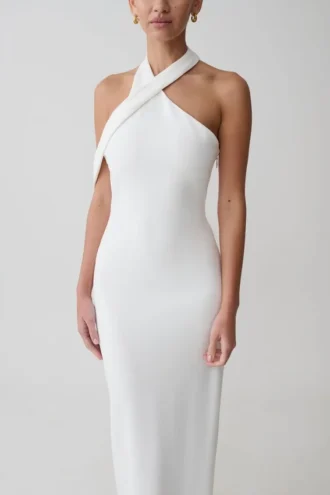 Vestido midi cruzado de crepé Sable – Blanco