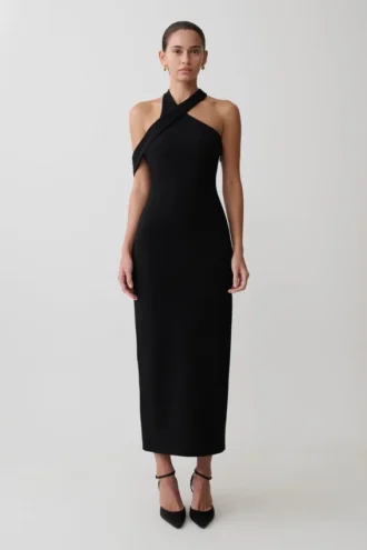 Vestido midi cruzado de crepé Sable – Negro