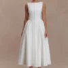 Vestido midi de algodón con fruncido en la cintura Monika – Blanco