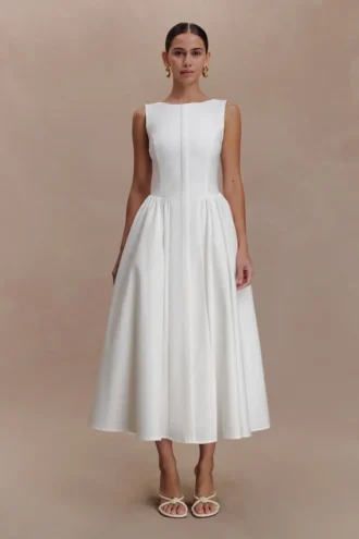 Vestido midi de algodón con fruncido en la cintura Monika – Blanco