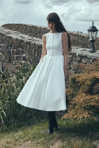 Vestido midi de algodón con fruncido en la cintura Monika – Blanco