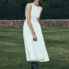 Vestido midi de algodón con fruncido en la cintura Monika – Blanco