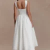 Vestido midi de algodón con fruncido en la cintura Monika – Blanco