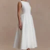 Vestido midi de algodón con fruncido en la cintura Monika – Blanco