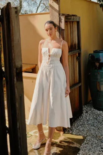 Vestido midi de algodón fruncido Elias – Blanco