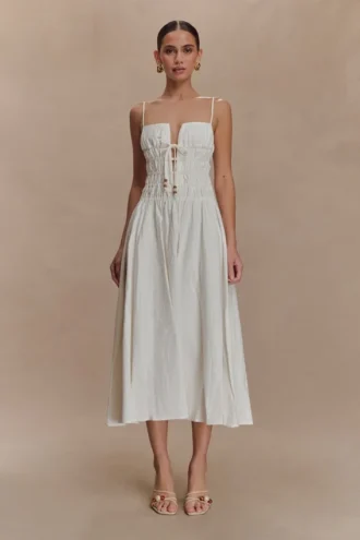 Vestido midi de algodón fruncido Elias – Blanco