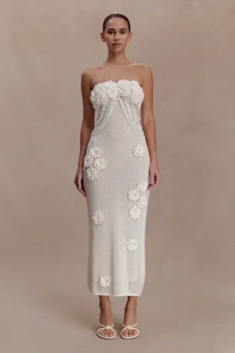 Vestido midi de croché con flores Samantha – Marfil