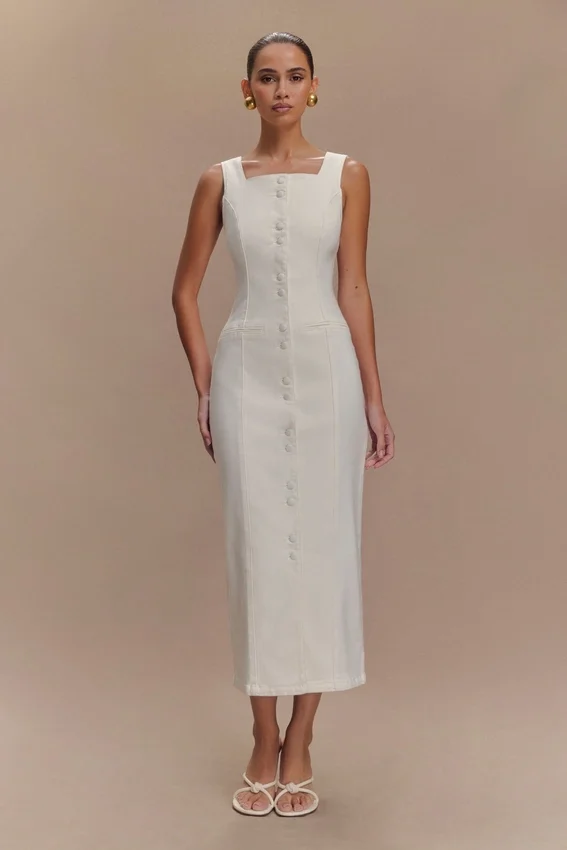 Vestido midi de Denim Reyna – Blanco Vestido midi de Denim Reyna – Blanco