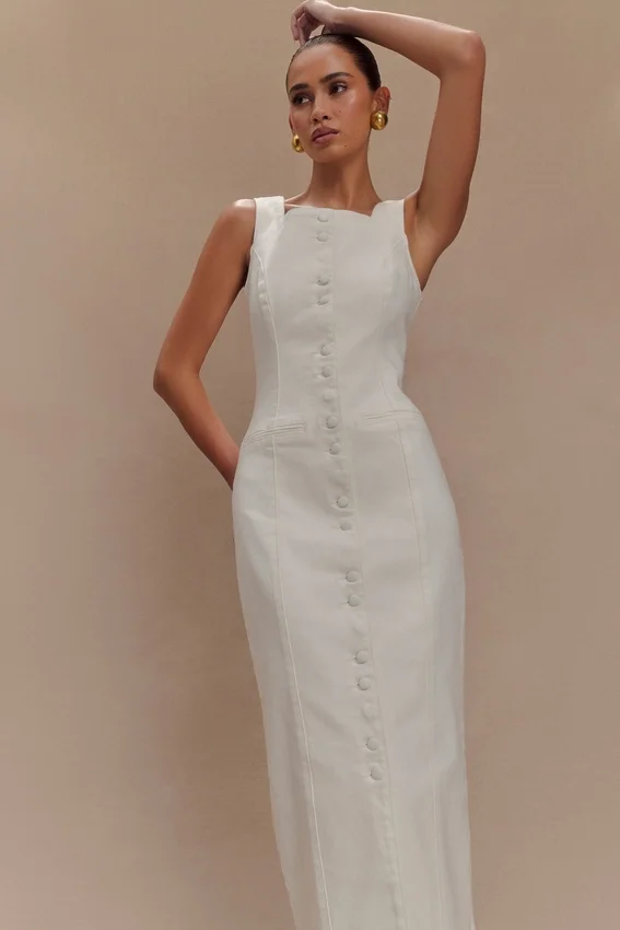 Vestido midi de Denim Reyna – Blanco Vestido midi de Denim Reyna – Blanco