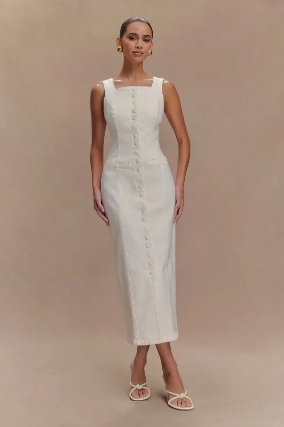 Vestido midi de Denim Reyna – Blanco Vestido midi de Denim Reyna – Blanco