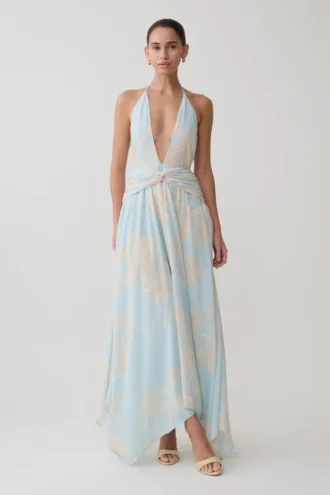 Vestido midi de gasa con escote pronunciado Cyra – Estampado floral azul