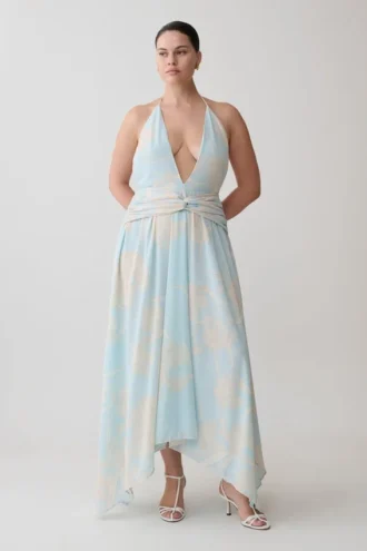 Vestido midi de gasa con escote pronunciado Cyra – Estampado floral azul