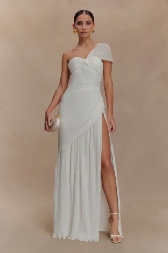 Vestido midi de gasa fruncida Tamara – Blanco