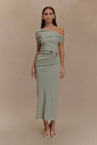 Vestido midi de jersey scuba Kendra con detalles metálicos – Salvia