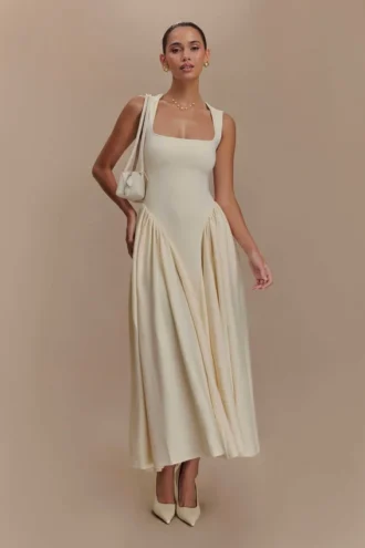 Vestido midi de jersey scuba Sharon – Marfil