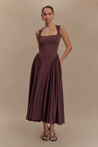 Vestido midi de jersey scuba Sharon – Marrón cacao