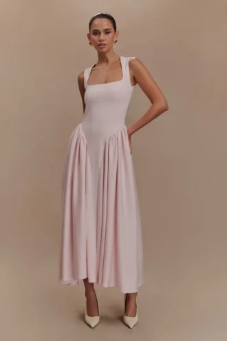Vestido midi de jersey scuba Sharon – Rosa ballet