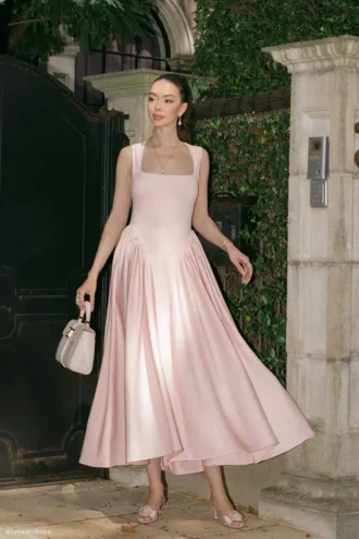 Vestido midi de jersey scuba Sharon – Rosa ballet