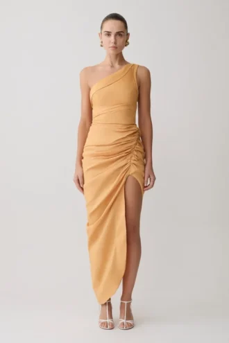 Vestido midi de lino Birgit con detalles metálicos – Melocotón intenso