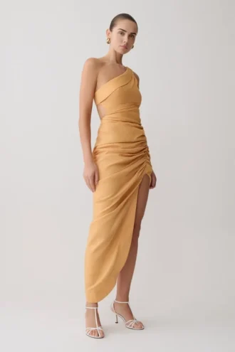 Vestido midi de lino Birgit con detalles metálicos – Melocotón intenso