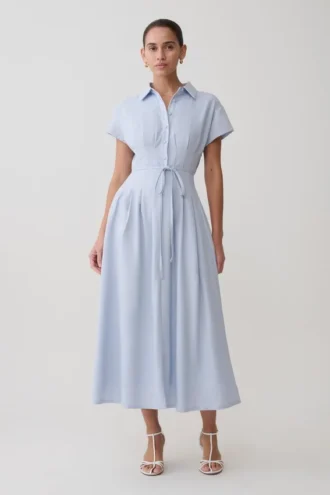 Vestido midi de lino con botones Aysha – Azul aciano
