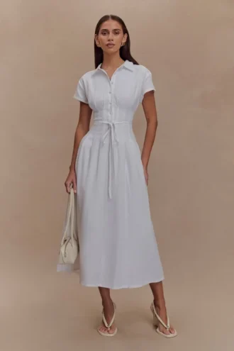 Vestido midi de lino con botones Aysha – Blanco