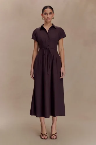 Vestido midi de lino con botones Aysha – Chocolate