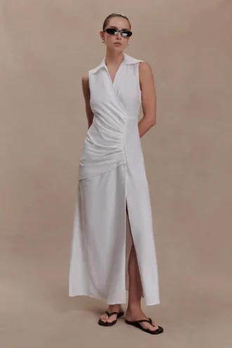 Vestido midi de lino fruncido Dante – Blanco