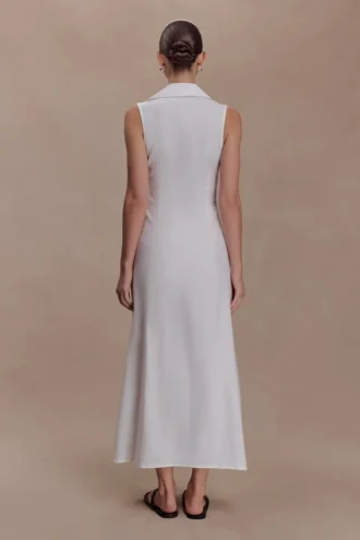 Vestido midi de lino fruncido Dante – Blanco