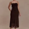Vestido midi de malla fruncida Willa – Chocolate Vestido midi de malla fruncida Willa – Chocolate