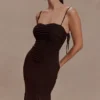 Vestido midi de malla fruncida Willa – Chocolate Vestido midi de malla fruncida Willa – Chocolate
