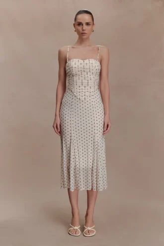 Vestido midi de malla fruncida Willa – Lunares