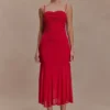 Vestido midi de malla fruncida Willa – Rubí Vestido midi de malla fruncida Willa – Rubí