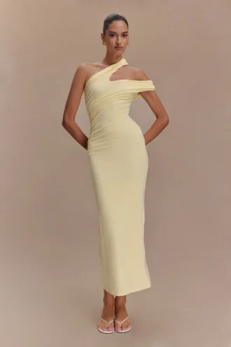 Vestido midi de modal de un solo hombro Anastasia – Limón pálido