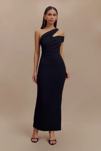 Vestido midi de modal de un solo hombro Anastasia – Negro