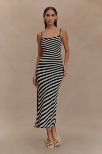 Vestido midi de punto a rayas Raven – Negro/Blanco