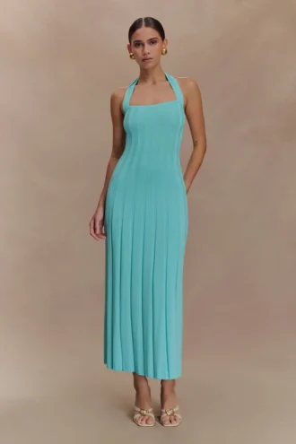 Vestido midi de punto con cuello halter Jacqui – Azul cian