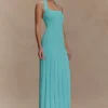 Vestido midi de punto con cuello halter Jacqui – Azul cian