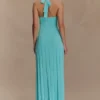 Vestido midi de punto con cuello halter Jacqui – Azul cian