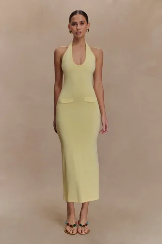 Vestido midi de punto con cuello halter Ovina – Limón