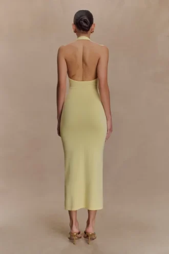 Vestido midi de punto con cuello halter Ovina – Limón
