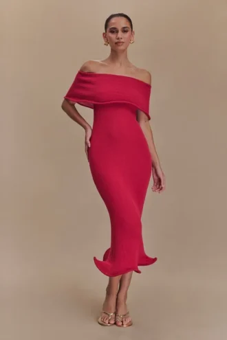 Vestido midi de punto con hombros descubiertos Molly – Frambuesa