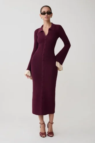 Vestido midi de punto con volantes Amirose – Ciruela