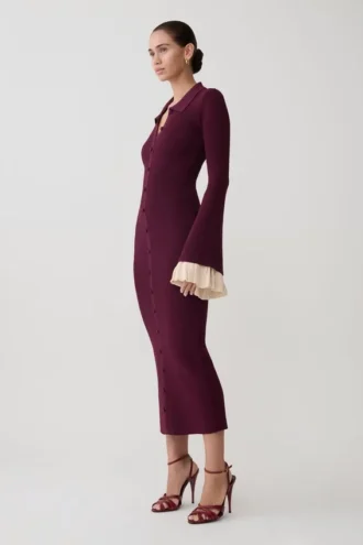 Vestido midi de punto con volantes Amirose – Ciruela