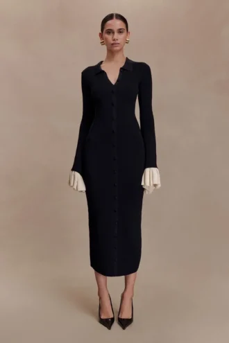 Vestido midi de punto con volantes Amirose – Negro