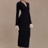 Vestido midi de punto con volantes Amirose – Negro Vestido midi de punto con volantes Amirose – Negro