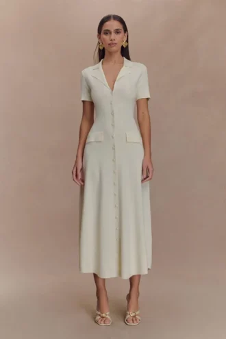 Vestido midi de punto de manga corta Pearson – Marfil