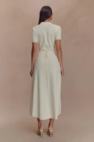 Vestido midi de punto de manga corta Pearson – Marfil